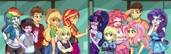Size: 4750x1500 | Tagged: safe, artist:lucy-tan, fluttershy, pinkie pie, rainbow dash, rarity, sci-twi, sunset shimmer, twilight sparkle, equestria girls, canterlot high, clothes, crossover, disney, female, glasses, humane five, humane seven, humane six, icarly, kids, male, nickelodeon, the suite life of zack and cody