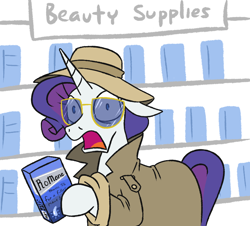 Size: 834x755 | Tagged: safe, artist:jargon scott, rarity, pony, unicorn, caught, clothes, ears, female, floppy ears, glasses, hat, holding, hoof hold, incognito, looking at you, mare, open mouth, shocked, shrunken pupils, solo, sunglasses, trenchcoat, wide eyes