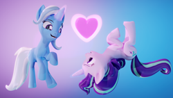 Size: 3840x2160 | Tagged: safe, artist:xppp1n, starlight glimmer, trixie, pony, unicorn, 3d, blender, blender cycles, female, glowing horn, gradient background, heart, horn, lesbian, looking at each other, looking down, looking up, magic, mare, open mouth, shipping, startrix, upside down