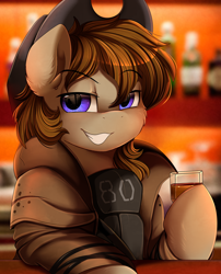 Size: 1424x1764 | Tagged: safe, artist:pridark, oc, oc only, oc:talu gana, earth pony, pony, fallout equestria, alcohol, beverage, commission, cowboy hat, glass, hat, male, solo, stetson