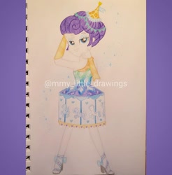 Size: 1080x1099 | Tagged: safe, artist:mmy_little_drawings, derpibooru import, rarity, equestria girls, the other side, arm behind head, bedroom eyes, clothes, dress, eyelashes, female, grin, high heels, shoes, smiling, solo, traditional art, watermark