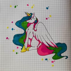 Size: 1080x1080 | Tagged: safe, artist:tessa_key_, derpibooru import, princess celestia, alicorn, pony, ear fluff, ears, eyelashes, female, graph paper, hoof shoes, horn, jewelry, mare, missing accessory, solo, tiara, traditional art, wings