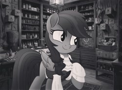 Size: 1080x802 | Tagged: safe, alternate version, artist:radiogaga.art, derpibooru import, oc, oc only, pegasus, pony, bow, clothes, eyelashes, female, grayscale, hair bow, indoors, mare, monochrome, pegasus oc, smiling, solo, story included, wings