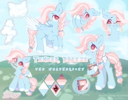 Size: 1926x1500 | Tagged: safe, artist:astralblues, derpibooru import, oc, pegasus, pony, book, cloud, cute, cutie mark, female, filly, flying, holding, looking at you, one eye closed, reference, reference sheet, shy, sitting, smiling, smiling at you, solo, wink, winking at you
