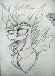 Size: 750x1024 | Tagged: safe, artist:maryhoovesfield, derpibooru import, oc, oc only, changeling, pony, changeling oc, clothes, ear fluff, ears, glasses, grayscale, horn, monochrome, necktie, signature, traditional art, wings