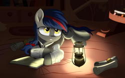 Size: 2160x1359 | Tagged: safe, artist:radiogaga.art, derpibooru import, oc, oc only, pony, base used, book, clothes, female, indoors, lamp, lantern, looking up, lying down, mare, prone, scroll, solo, story included, tired