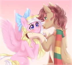 Size: 1700x1540 | Tagged: safe, artist:kawipie, derpibooru import, oc, oc only, oc:bay breeze, oc:pitch pine, earth pony, pegasus, pony, :p, blaze (coat marking), blushing, bow, clothes, coat markings, couple, cute, female, hair bow, happy, looking at each other, male, mare, ocbetes, pinebreeze, scarf, shipping, simple background, socks (coat marking), spread wings, stallion, straight, striped scarf, tongue, tongue out, unshorn fetlocks, wings