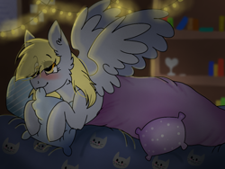 Size: 1024x768 | Tagged: safe, artist:valkiria, derpibooru import, derpy hooves, cat, pegasus, pony, blanket, blushing, bookshelf, cute, derpabetes, eye clipping through hair, female, heart, heart eyes, mare, pillow, redraw, solo, spread wings, string lights, wingding eyes, wings