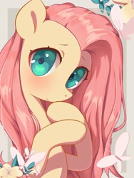 Size: 1536x2048 | Tagged: safe, artist:cherrnichka2, derpibooru import, fluttershy, butterfly, pegasus, pony, bust, cute, female, flower, looking at you, mare, shyabetes, solo