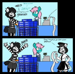 Size: 2713x2666 | Tagged: safe, artist:latexia, derpibooru import, oc, oc:cid, oc:isabelle incraft, oc:izzy, oc:selina rimaine, anthro, beret, cash register, clothes, comic, cookie, dialogue, extortion, female, food, grocery store, hat, male, mime, oreo, police, rubber, shopping cart, stockings, text, thigh highs