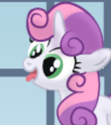 Size: 632x716 | Tagged: safe, artist:parallaxmlp, derpibooru import, screencap, sweetie belle, pony, unicorn, comic:cutie-prank crusaders, cropped, cute, diasweetes, female, filly, funny, low quality, pixelated, reaction image, show accurate, solo, tongue, tongue out