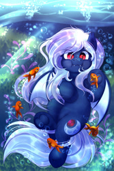 Size: 1200x1800 | Tagged: safe, artist:zobaloba, derpibooru import, oc, oc:midnight ruby, bat pony, fish, bat pony oc, cute, cutie mark, eyebrows visible through hair, fangs, holding breath, ocbetes, red eyes, spread wings, swimming, underwater, white mane, wings