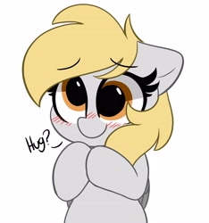 Size: 3838x4096 | Tagged: safe, artist:kittyrosie, derpibooru import, derpy hooves, pegasus, pony, blushing, bronybait, cute, derpabetes, ears, floppy ears, hug request, implied hug, simple background, solo, talking to viewer, this will end in hugs, white background