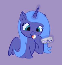 Size: 798x835 | Tagged: source needed, safe, artist:purblehoers, derpibooru import, princess luna, alicorn, pony, :3, cream cheese, eating, happy, hoof licking, hooves, licking, simple background, solo, tongue, tongue out