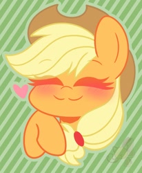 Size: 1010x1226 | Tagged: safe, artist:sakukitty, derpibooru import, applejack, earth pony, pony, :3, blushing, bust, cute, eyes closed, happy, heart, jackabetes, portrait, smiling, solo