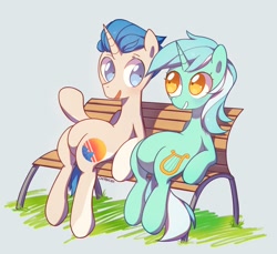 Size: 1472x1347 | Tagged: safe, artist:cherrnichka2, derpibooru import, lyra heartstrings, oc, pony, unicorn, bench, duo, meme, oc needed, sitting, sitting lyra