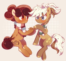 Size: 1911x1790 | Tagged: safe, artist:cherrnichka2, derpibooru import, oc, oc only, earth pony, pegasus, clothes, commission, cookie, cute, duo, food, freckles, hair accessory, ponytail, scarf, striped scarf, two toned wings, wings