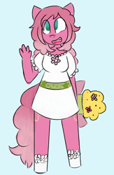 Size: 978x1501 | Tagged: safe, artist:leola-kittycorn, derpibooru import, pinkie pie (g3), anthro, g3, both cutie marks, bouquet, clothes, dress, flower, solo