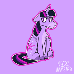 Size: 1280x1280 | Tagged: safe, artist:necro-hamster, derpibooru import, part of a set, twilight sparkle, unicorn twilight, pony, unicorn, chest fluff, cloven hooves, ears, female, floppy ears, leg fluff, mare, outline, pale belly, purple background, redesign, simple background, solo, unamused