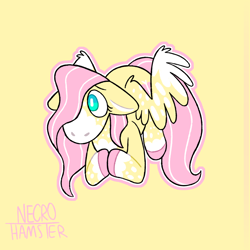Size: 1280x1280 | Tagged: safe, artist:necro-hamster, derpibooru import, part of a set, fluttershy, pegasus, pony, cute, ears, female, floppy ears, hooves together, mare, outline, redesign, shyabetes, simple background, solo, yellow background