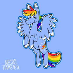 Size: 1280x1280 | Tagged: safe, artist:necro-hamster, derpibooru import, part of a set, rainbow dash, pegasus, pony, blue background, colored wings, colored wingtips, eyes closed, female, mare, outline, redesign, simple background, smiling, solo