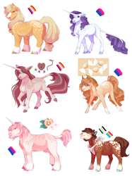 Size: 3674x4912 | Tagged: safe, artist:uunicornicc, derpibooru import, applejack, rarity, oc, oc:apple chip, oc:butterscotch, oc:heart stitcher, oc:mint chiffon, earth pony, pony, unicorn, agender pride flag, bisexual pride flag, female, lesbian, lesbian pride flag, magical lesbian spawn, male, mare, offspring, pansexual pride flag, parent:applejack, parent:rarity, parents:rarijack, pride, pride flag, rarijack, shipping, stallion