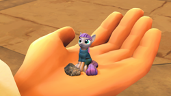 Size: 3840x2160 | Tagged: safe, artist:ndelngin, derpibooru exclusive, derpibooru import, maud pie, earth pony, human, pony, 3d, clothes, female, fingers, hand, high res, looking up, micro, rock, sitting, size difference, small pony, source filmmaker, tiny