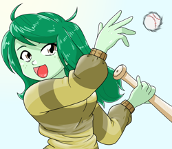 Size: 1480x1280 | Tagged: safe, alternate version, artist:batipin, derpibooru import, wallflower blush, equestria girls, ball, baseball, baseball bat, open mouth, solo, sports