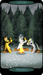 Size: 1500x2591 | Tagged: safe, artist:sixes&sevens, derpibooru import, part of a set, star swirl the bearded, oc, oc:propraetor cyclone, oc:torch wood, earth pony, pegasus, unicorn, campfire, forest, goblet, hat, log, pine tree, sitting, snow, tarot card, three of cups, tree