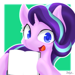 Size: 2500x2500 | Tagged: safe, alternate version, artist:zemlya, derpibooru import, starlight glimmer, pony, unicorn, book, open mouth, smiling