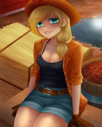 Size: 1280x1600 | Tagged: safe, artist:cjemnaa, derpibooru import, applejack, human, apple, applerack, breasts, bucket, cleavage, female, food, hay bale, humanized, solo