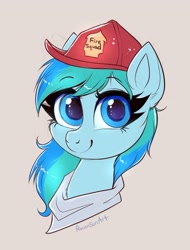 Size: 1165x1531 | Tagged: safe, artist:confetticakez, derpibooru import, oc, oc only, oc:stormy waters, pony, bust, firefighter, firefighter helmet, hat, helmet, looking at you, smiling