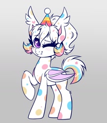 Size: 1388x1593 | Tagged: safe, artist:confetticakez, derpibooru import, oc, oc only, oc:confetti cupcake, bat pony, pony, hat, looking at you, one eye closed, party hat, smiling, solo, spots, wink