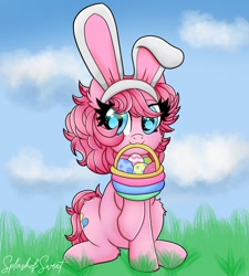 Size: 900x1000 | Tagged: safe, artist:splashofsweet, derpibooru import, pinkie pie, earth pony, pony, alternate hairstyle, basket, bunny ears, cute, easter, easter egg, holiday, mouth hold, smiling, solo