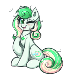 Size: 476x522 | Tagged: safe, artist:confetticakez, derpibooru import, oc, oc only, oc:lucky charm, earth pony, pony, blushing, looking at you, one eye closed, sketch, smiling, solo, wink