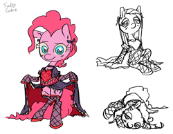 Size: 2284x1768 | Tagged: safe, artist:saltycube, derpibooru exclusive, derpibooru import, pinkie pie, earth pony, pony, bipedal, clothes, dress, female, fishnet stockings, looking at you, lying down, mare, pinkamena diane pie, ribbon, simple background, sitting, sketch, solo, standing, white background