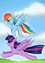 Size: 2480x3507 | Tagged: safe, artist:twidasher, derpibooru import, rainbow dash, twilight sparkle, twilight sparkle (alicorn), alicorn, pegasus, pony, cloud, duo, feather, female, flying, lesbian, looking at each other, mare, shipping, signature, sky, twidash