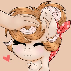 Size: 1000x1000 | Tagged: safe, artist:splashofsweet, derpibooru import, oc, oc only, oc:cinnamon spangled, earth pony, human, pony, :3, chest fluff, eyes closed, hand, happy, heart, offscreen character, petting, smiling