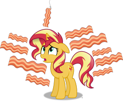 Size: 6660x5465 | Tagged: safe, artist:anime-equestria, derpibooru import, sunset shimmer, unicorn, adorable distress, bacon, bacon hair, confused, cute, female, food, hook, looking up, mare, meat, simple background, transparent background, vector