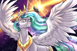 Size: 1500x1000 | Tagged: safe, artist:not-ordinary-pony, derpibooru exclusive, derpibooru import, princess celestia, alicorn, pony, angry, female, mare, solo, spread wings, wings