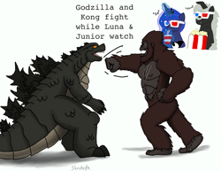 Size: 3300x2550 | Tagged: safe, artist:lordshrekzilla20, derpibooru import, princess luna, alicorn, ape, kaiju, kaiju pony, pony, 3d glasses, drink, fight, food, godzilla, godzilla (series), godzilla junior, godzilla vs kong, king kong, ponified, popcorn