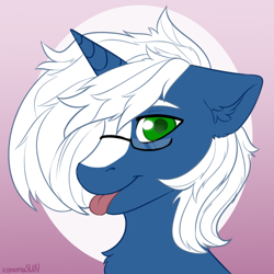 Size: 700x700 | Tagged: safe, artist:xommasun, derpibooru import, oc, oc only, oc:passi deeper, pony, unicorn, abstract background, bust, colored pupils, ears, femboy, floppy ears, glasses, gradient background, green eyes, horn, looking at you, male, portrait, smiling, solo, stallion, tongue, tongue out, unicorn oc