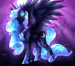 Size: 1132x1000 | Tagged: safe, artist:not-ordinary-pony, derpibooru exclusive, derpibooru import, princess luna, alicorn, pony, ethereal mane, female, glowing eyes, glowing mane, mare, night, nightmare luna, smiling, smirk, solo, spread wings, starry mane, wings