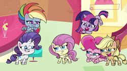 Size: 1920x1080 | Tagged: safe, derpibooru import, screencap, applejack, fluttershy, pinkie pie, rainbow dash, rarity, twilight sparkle, alicorn, earth pony, pegasus, pony, unicorn, cute-pocalypse meow, my little pony: pony life, cute, female, mane six, mare, sugarcube corner