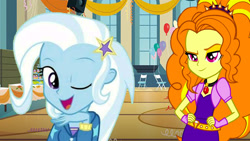 Size: 2500x1406 | Tagged: safe, artist:ktd1993, derpibooru import, adagio dazzle, trixie, equestria girls, female, lesbian, shipping, triagio