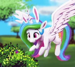Size: 1999x1772 | Tagged: safe, artist:dummyhorse, derpibooru import, princess celestia, alicorn, pony, bunny ears, bush, easter, easter bunny, easter egg, easter egg hunt, egg, female, flying, holiday, looking at something, looking down, mare, midair, outdoors, smiling, solo, spread wings, three quarter view, tree, wings
