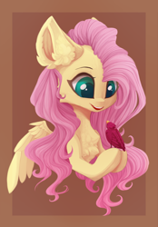Size: 1280x1835 | Tagged: safe, artist:justeuge, derpibooru import, fluttershy, bird, pegasus, pony, bust, cheek fluff, chest fluff, cute, ear fluff, ears, female, hoof hold, looking at each other, looking at someone, looking down, mare, open mouth, portrait, shyabetes, smiling, solo, spread wings, three quarter view, wings