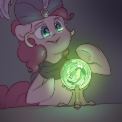 Size: 2000x2000 | Tagged: safe, artist:fluffyxai, derpibooru import, pinkie pie, earth pony, pony, accessories, crystal ball, fortune teller, glow, gypsy pie, high res, madame pinkie, outfit, smiling, solo, underhoof
