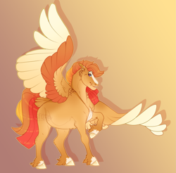 Size: 1831x1800 | Tagged: safe, artist:seffiron, derpibooru import, oc, oc:fire dancer, pegasus, pony, colored wings, female, magical lesbian spawn, mare, multicolored wings, offspring, parent:applejack, parent:rainbow dash, parents:appledash, solo, wings