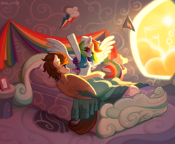 Size: 4500x3712 | Tagged: safe, artist:rrd-artist, derpibooru import, rainbow dash, oc, oc:skittle, pegasus, pony, absurd resolution, bed, bedroom, canon x oc, cloud, commission, female, looking at each other, male, mare, morning, morning ponies, shipping, skidash, smiling, spread wings, stallion, straight, stretching, wings